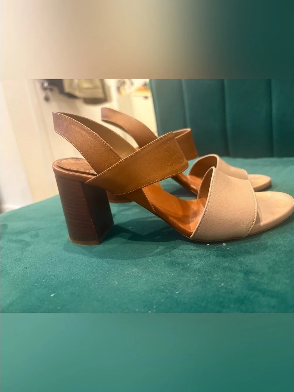 Chloe Mia Two-Tone Leather Slingback Sandals in Tan and Ivory